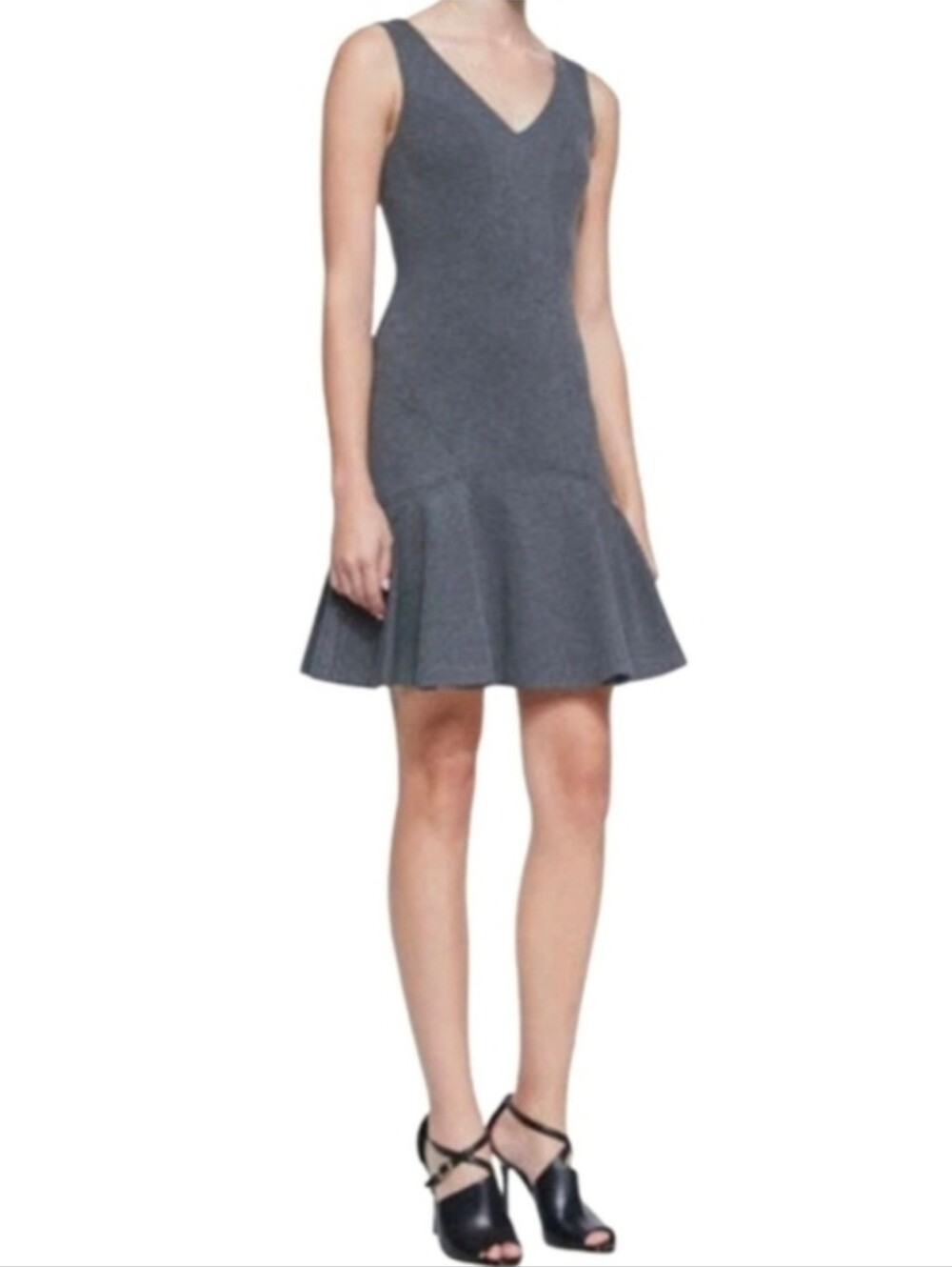 Diane Von Furstenberg Gray V-Neck Fit and Flare Structured Knit Dress Grey DVF 2